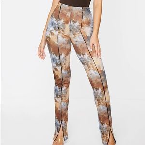 Tan Tie Dye Contrast Split Hem Skinny Pants